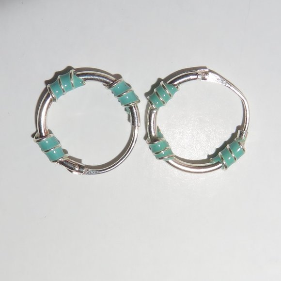 Sterling Silver Green Enamel Accents Hoops Huggies Earrings - Picture 3 of 12